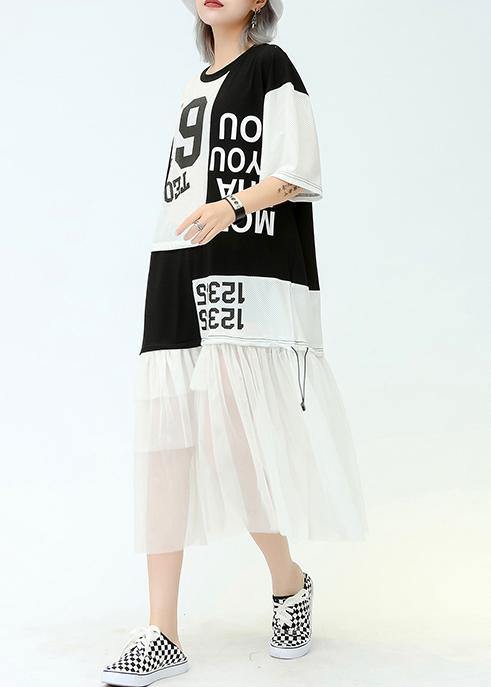 Vivid O Neck Patchwork Tulle Cotton Quilting Dresses Black Print Traveling Dresses Summer