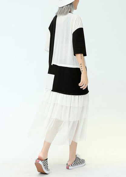 Vivid O Neck Patchwork Tulle Cotton Quilting Dresses Black Print Traveling Dresses Summer