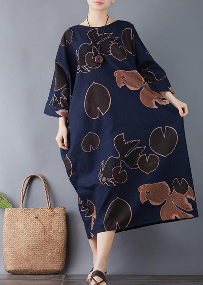 Vivid O Neck Pockets Cotton Navy Print Long Dresses Summer
