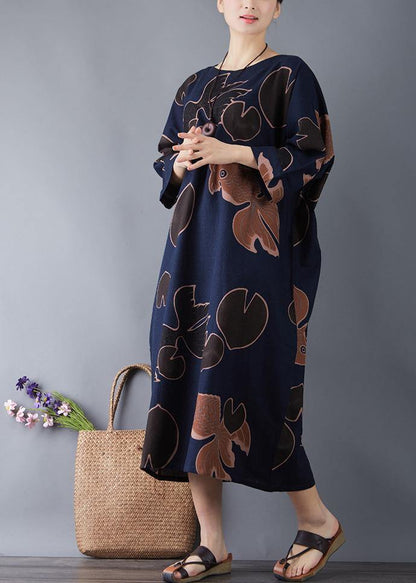 Vivid O Neck Pockets Cotton Navy Print Long Dresses Summer