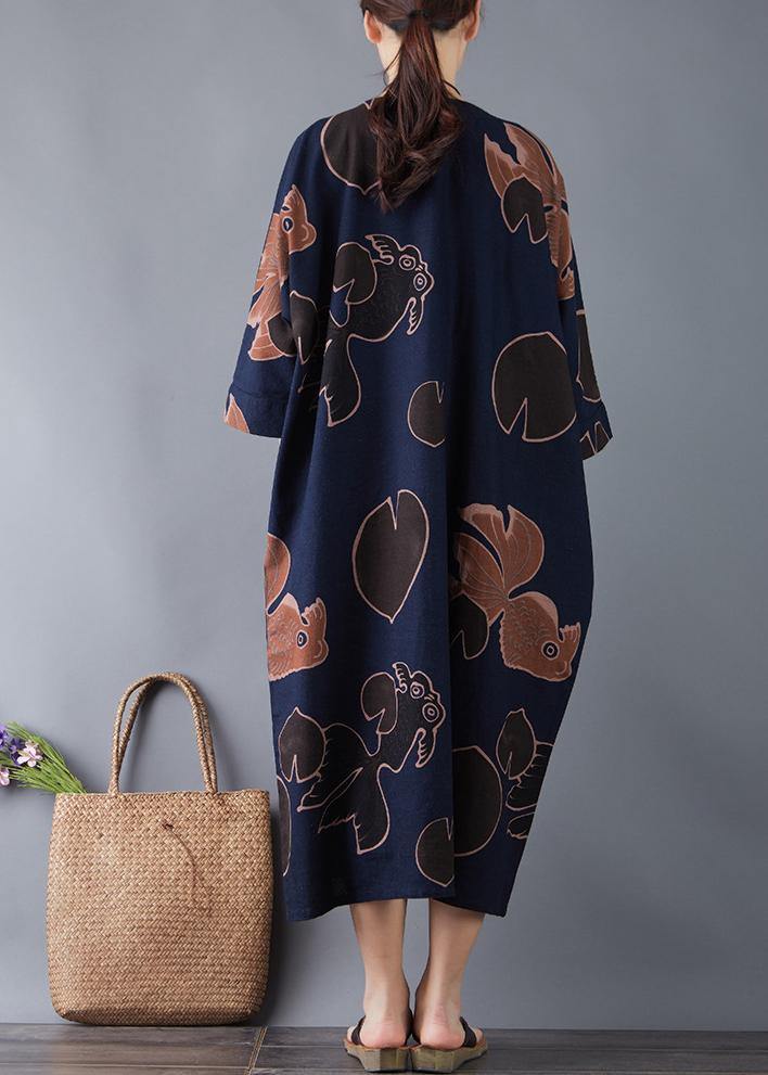 Vivid O Neck Pockets Cotton Navy Print Long Dresses Summer