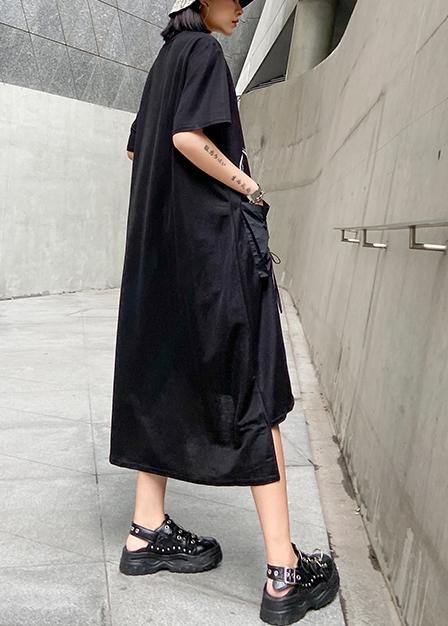 Vivid O Neck Pockets Cotton Summer Quilting Clothes Work Outfits Black Print Maxi Dress