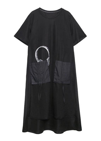 Vivid O Neck Pockets Cotton Summer Quilting Clothes Work Outfits Black Print Maxi Dress