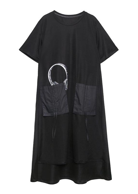 Vivid O Neck Pockets Cotton Summer Quilting Clothes Work Outfits Black Print Maxi Dress