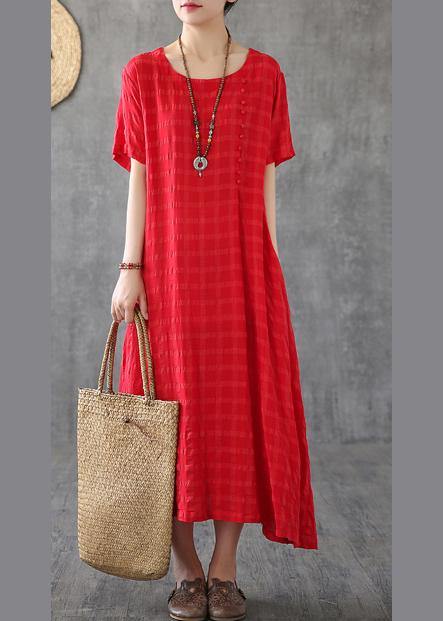 Vivid O Neck Short Sleeve Cotton Linen Robes Fabrics Red Plaid Dress