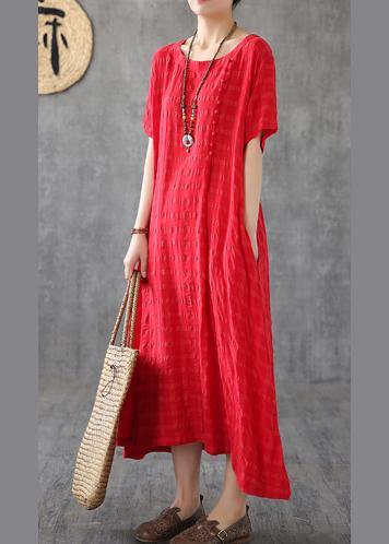 Vivid O Neck Short Sleeve Cotton Linen Robes Fabrics Red Plaid Dress