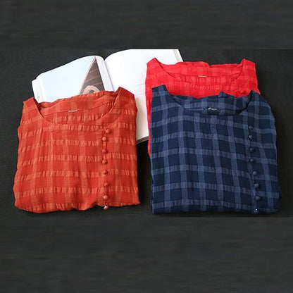 Vivid O Neck Short Sleeve Cotton Linen Robes Fabrics Red Plaid Dress