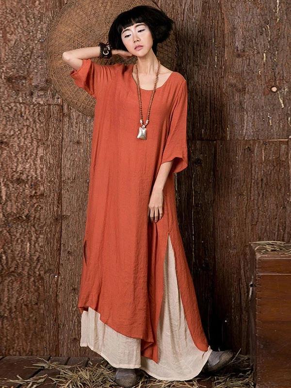 Vivid O Neck Side Open Linen Summerdresses Outfits Orange Dresses