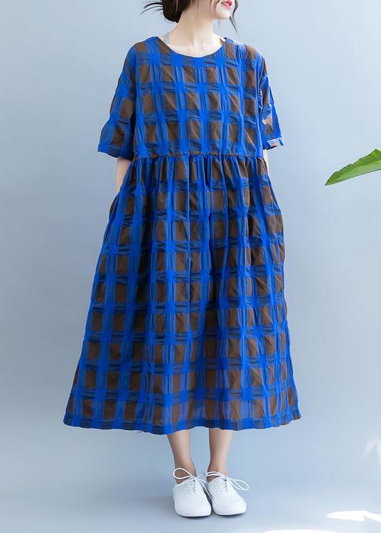Vivid O Neck Summer Quilting Clothes Wardrobes Blue Plaid Loose Dresses