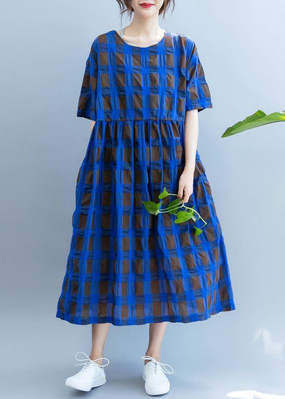 Vivid O Neck Summer Quilting Clothes Wardrobes Blue Plaid Loose Dresses