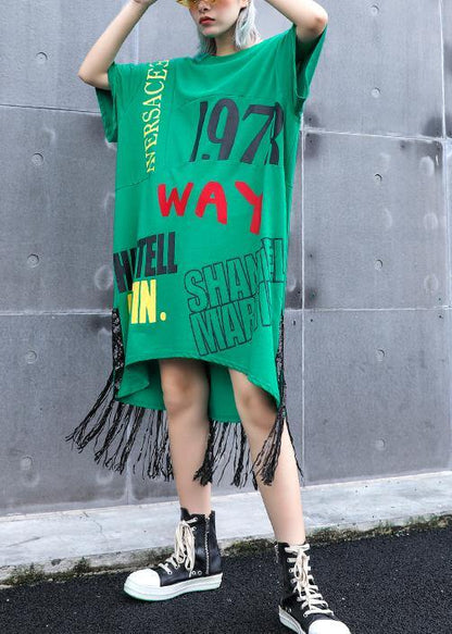 Vivid O Neck Tassel Cotton Clothes Sewing Green Print Dress Summer