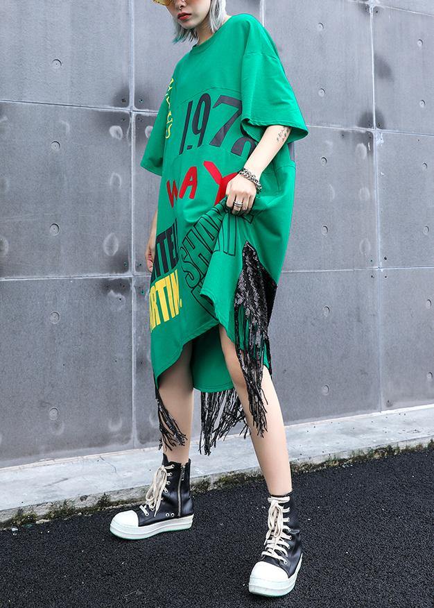 Vivid O Neck Tassel Cotton Clothes Sewing Green Print Dress Summer