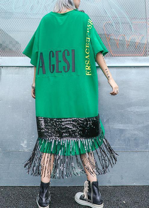 Vivid O Neck Tassel Cotton Clothes Sewing Green Print Dress Summer