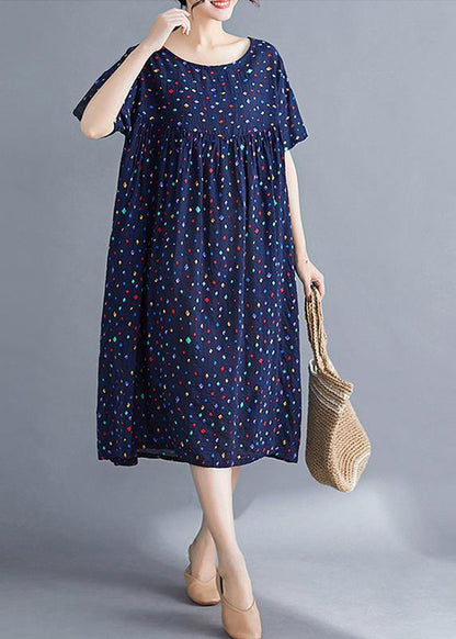 Vivid O Neck Cinched Cotton Dresses Sewing Blue Print Long Dresses Summer