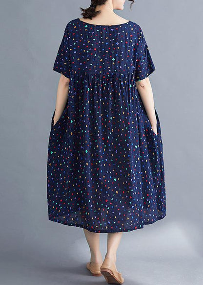 Vivid O Neck Cinched Cotton Dresses Sewing Blue Print Long Dresses Summer