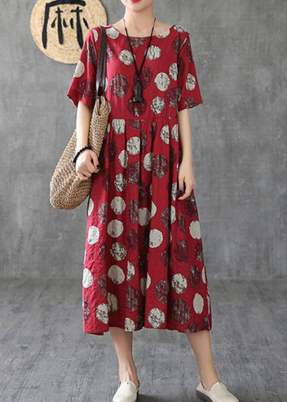 Vivid O Neck Cinched Linen Robes Tunic Tops Red Dotted Dresses