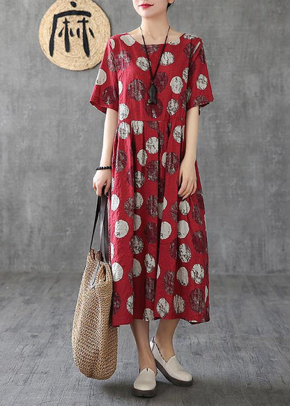 Vivid O Neck Cinched Linen Robes Tunic Tops Red Dotted Dresses