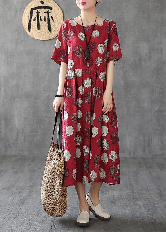 Vivid O Neck Cinched Linen Robes Tunic Tops Red Dotted Dresses