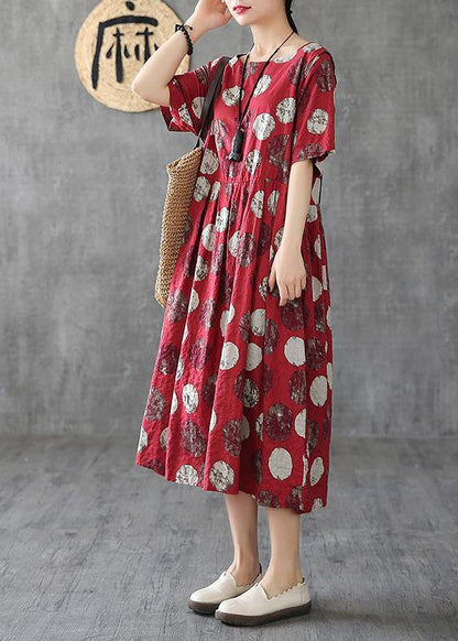Vivid O Neck Cinched Linen Robes Tunic Tops Red Dotted Dresses