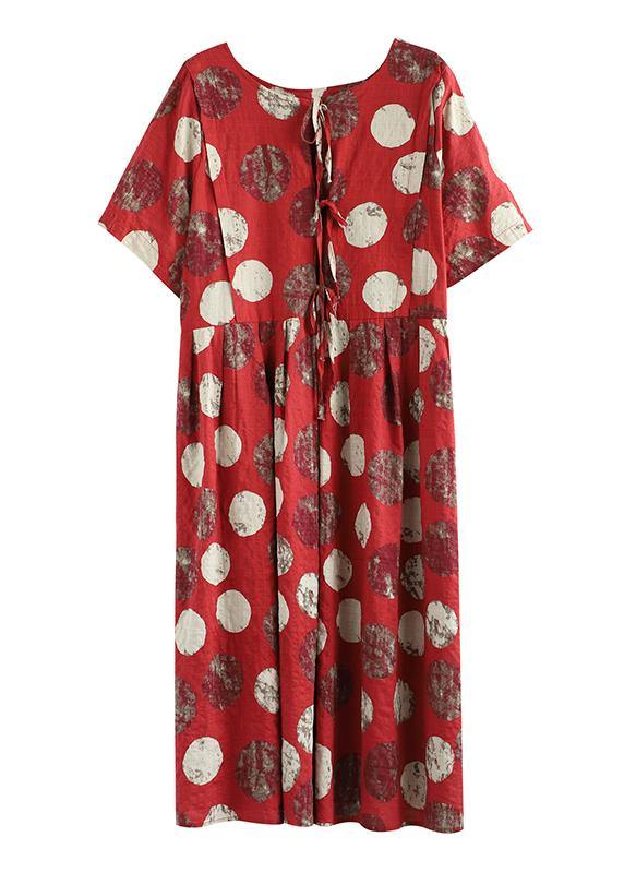 Vivid O Neck Cinched Linen Robes Tunic Tops Red Dotted Dresses