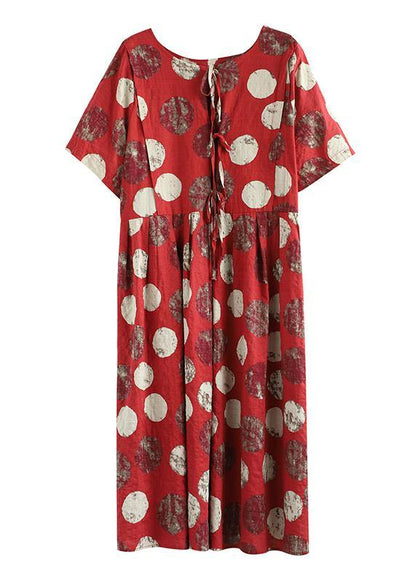 Vivid O Neck Cinched Linen Robes Tunic Tops Red Dotted Dresses