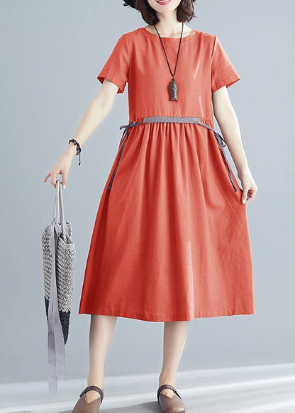 Vivid Orange Red Cotton Linen Clothes for O Neck Tie Waist Robe Summer Dress