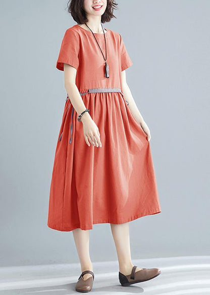 Vivid Orange Red Cotton Linen Clothes for O Neck Tie Waist Robe Summer Dress