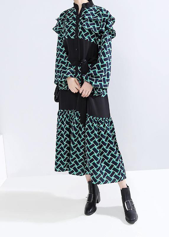 Vivid Patchwork Cotton Tie Waist Clothes Shape Green Dotted a Line Dress