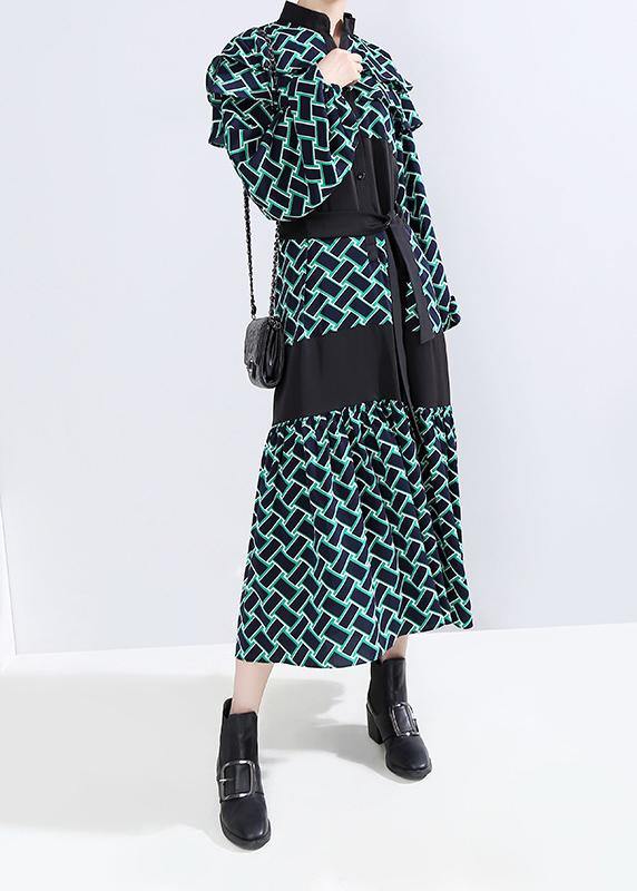 Vivid Patchwork Cotton Tie Waist Clothes Shape Green Dotted a Line Dress