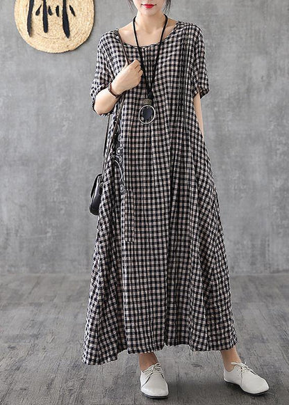 Blue Plaid Linen Dresses Summer Cotton Dress