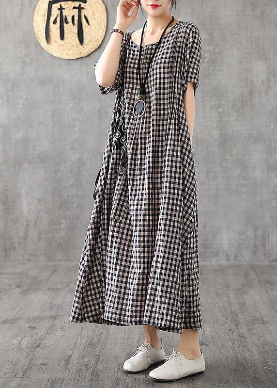 Vivid Patchwork Linen Quilting Dresses Runway Black Plaid Dresses Summer