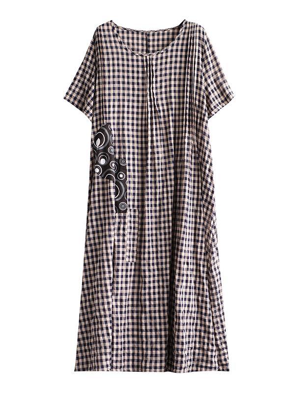 Blue Plaid Linen Dresses Summer Cotton Dress