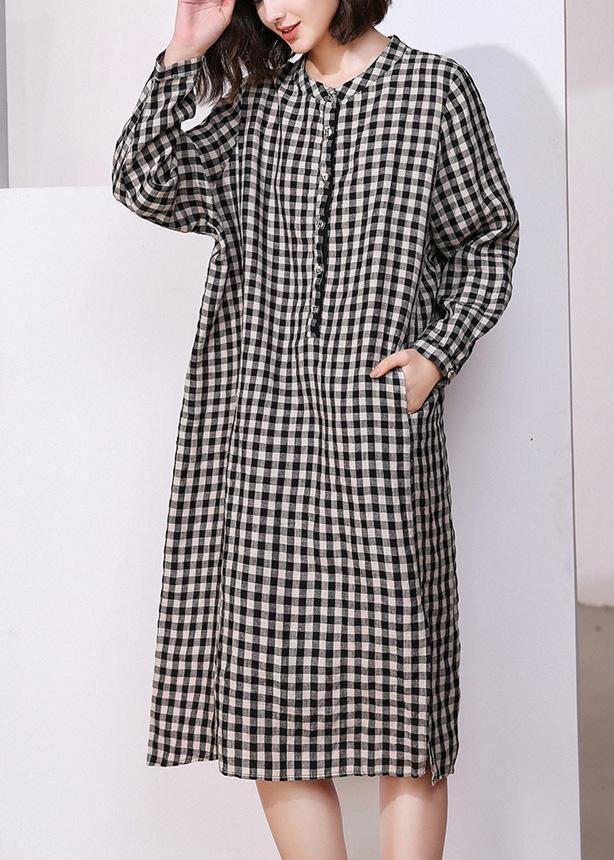 Vivid Plaid Cotton Tunics for O Neck Daily Side Open Dresses