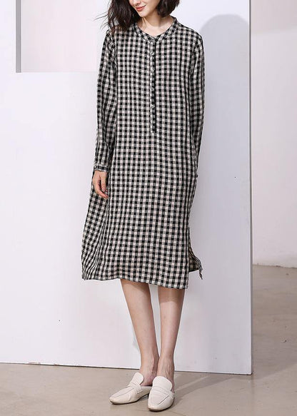 Vivid Plaid Cotton Tunics for O Neck Daily Side Open Dresses