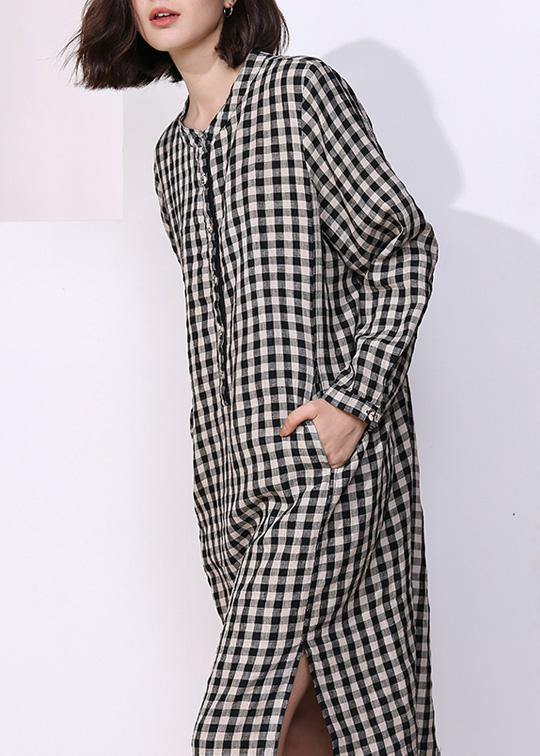 Vivid Plaid Cotton Tunics for O Neck Daily Side Open Dresses