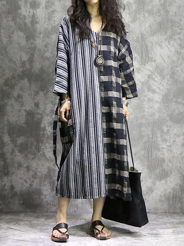 Vivid Plaid Linen Quilting Dresses V Neck Patchwork Dress