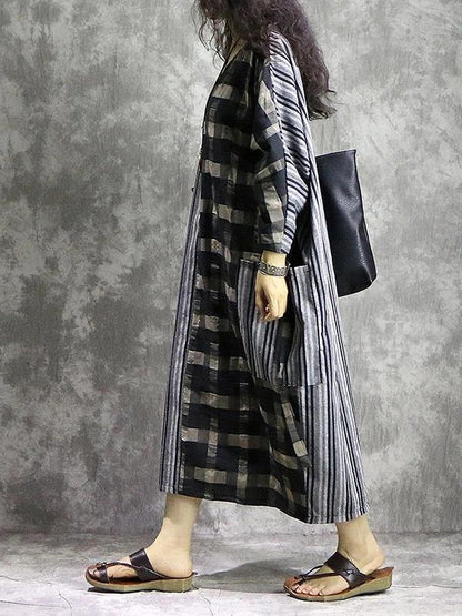 Vivid Plaid Linen Quilting Dresses V Neck Patchwork Dress