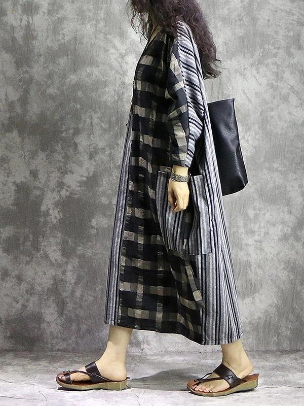 Vivid Plaid Linen Quilting Dresses V Neck Patchwork Dress