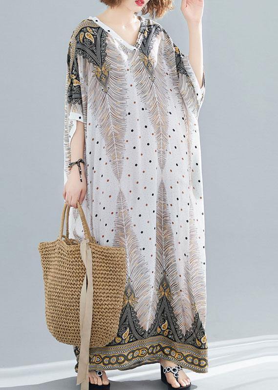 Vivid Prints V Neck Cotton Long Shirts Batwing Sleeve Maxi Summer Dress