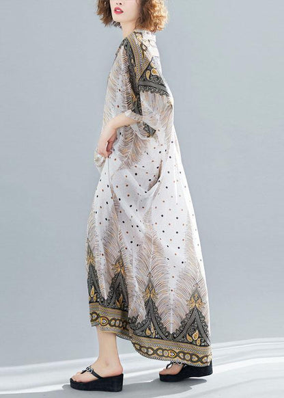 Vivid Prints V Neck Cotton Long Shirts Batwing Sleeve Maxi Summer Dress