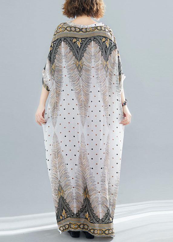 Vivid Prints V Neck Cotton Long Shirts Batwing Sleeve Maxi Summer Dress