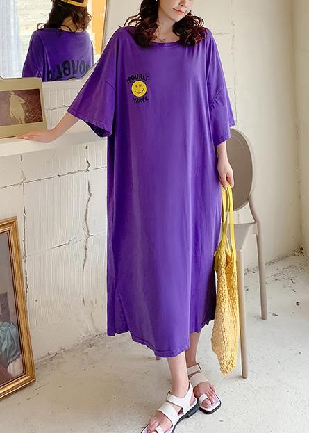Vivid Purple Cartoon Print Clothes for O Neck Side Open Robe Summer Dresses