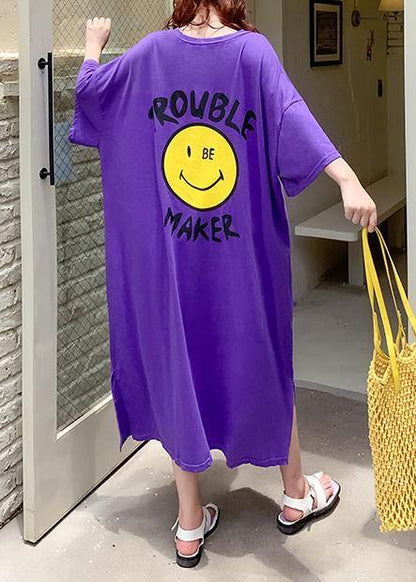 Vivid Purple Cartoon Print Clothes for O Neck Side Open Robe Summer Dresses