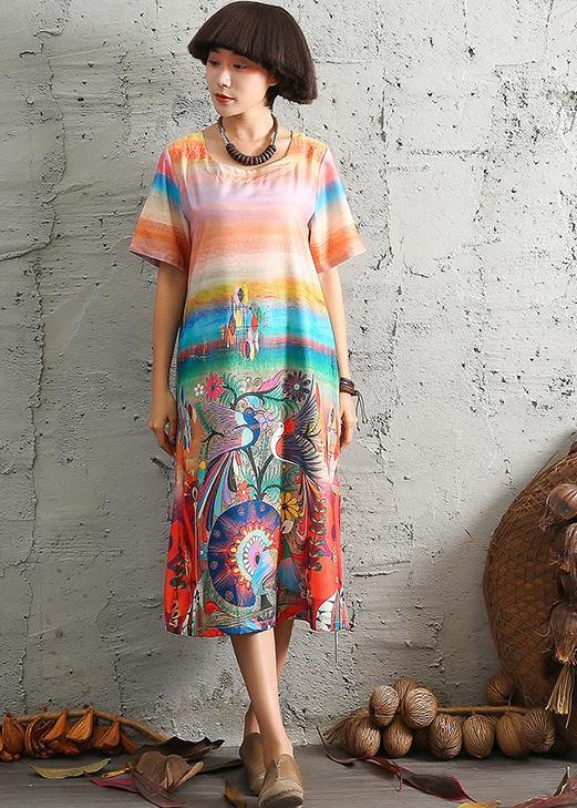 Vivid Red Cartoon Print Cotton Linen Dress O Neck Long Summer Dresses