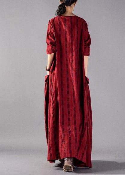 Vivid Red Plaid Cotton Linen Robes O Neck Pockets Maxi Fall Dresses