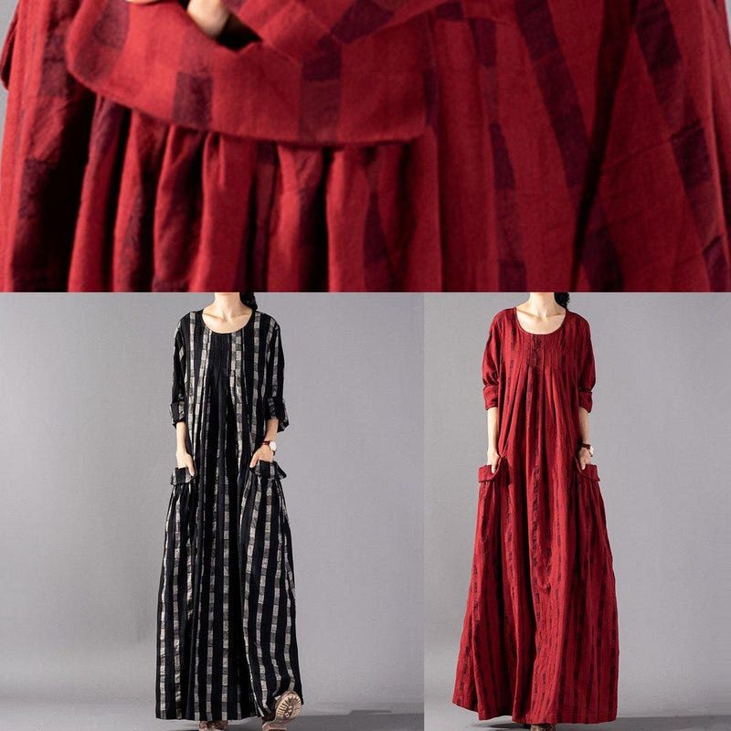 Vivid Red Plaid Cotton Linen Robes O Neck Pockets Maxi Fall Dresses