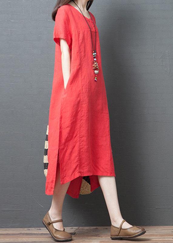 Vivid Red Cotton Tunic Dress O Neck Side Open Maxi Summer Dress