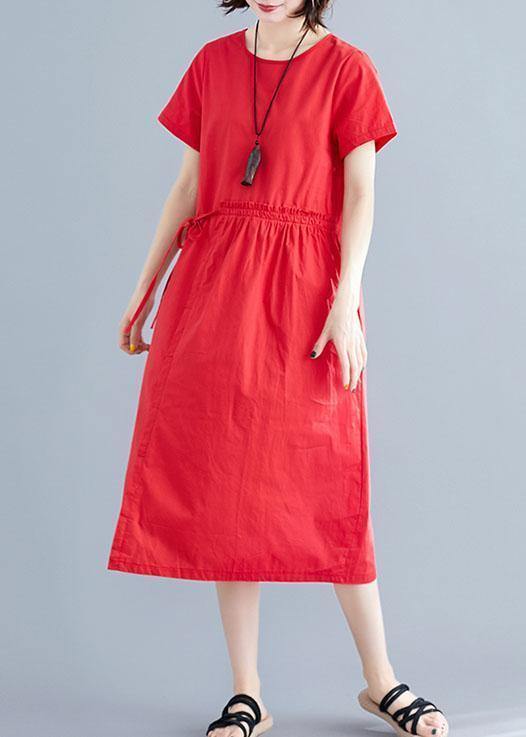 Vivid Red Linen Cotton Robes O Neck Drawstring Maxi Summer Dress