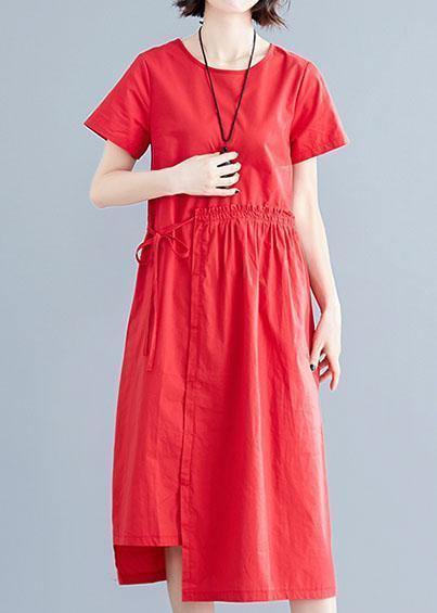 Vivid Red Linen Cotton Robes O Neck Drawstring Maxi Summer Dress