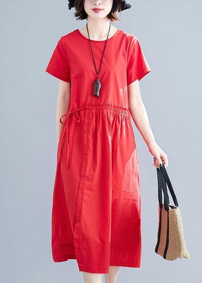 Vivid Red Linen Cotton Robes O Neck Drawstring Maxi Summer Dress
